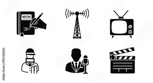 Black silhouette icons representing media communication and broadcasting professions