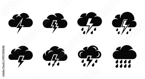 Black and white icons depicting stormy weather with lightning and rain