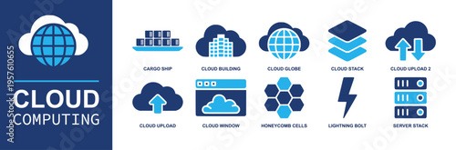 Cloud computing icon set. Containing cargo ship, cloud building, globe, cloud stack, upload, cloud window, honeycomb, lightning bolt, server stack and more. Solid fill vector icons.