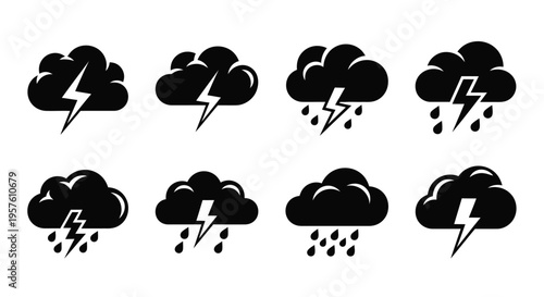 Black and white vector icons depicting stormy weather and lightning bolts