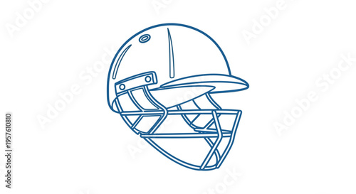 A simple blue line drawing depicts a cricket helmet showcasing protective sports equipment high quality professional