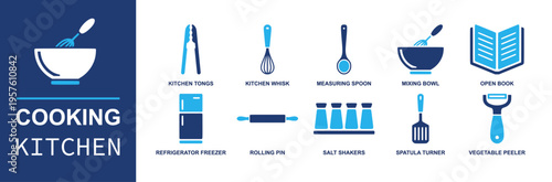 Cooking kitchen icon set. Containing kitchen tongs, whisk, measuring spoon, mixing bowl, refrigerator, rolling pin, salt shakers, spatula, vegetable peeler and more. Solid fill vector icons.