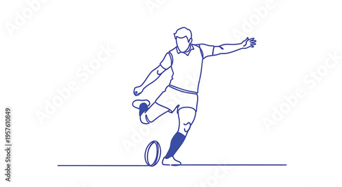 A single line drawing depicts a soccer player kicking a ball during a game high quality