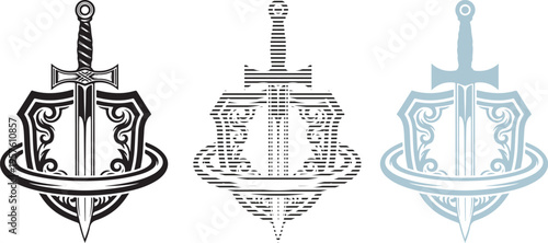 Iconographic representation of a medieval sword piercing a decorative shield with ornate details