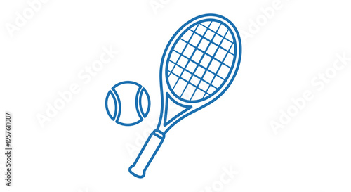 A minimalist line drawing depicts a tennis racket and ball showcasing sports equipment high quality professional