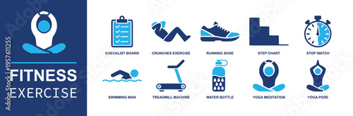 Fitness exercise icon set. Containing checklist board, crunches, running shoe, step chart, stopwatch, swimming, treadmill, water bottle, yoga pose and more. Solid fill vector icons.