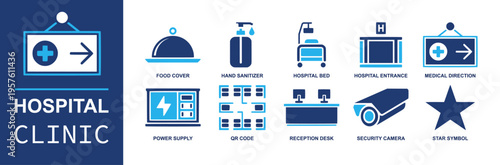 Hospital clinic icon set. Containing sanitizer, clinic bed, entrance, medical direction, reception desk, security camera, QR code, power supply, meal cover and more. Solid fill vector icons.