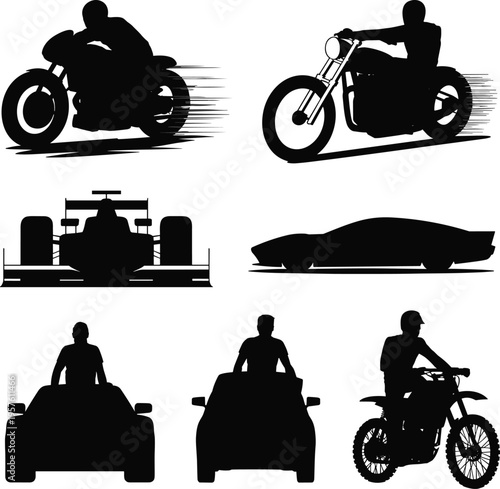 Silhouettes of motorcycles, sports cars, racing cars, dirt bikes, high speed vehicles, dynamic motion, speed, action, transportation, extreme sports, motor racing.