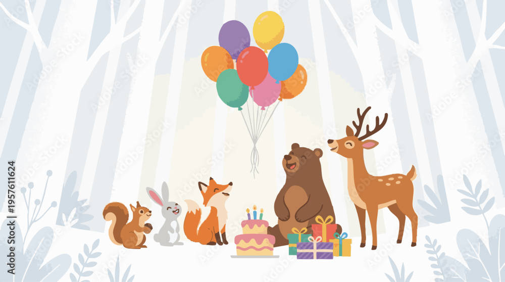 Naklejka premium Forest Animals Celebrating a Birthday Party in a Snowy Winter Wonderland