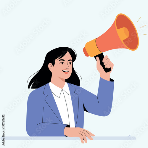 A woman in a suit announces an important message with a megaphone