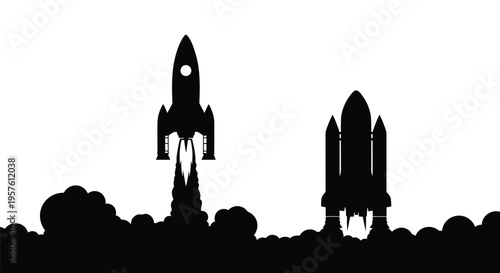 Two rockets launching with smoke trails a striking black silhouette