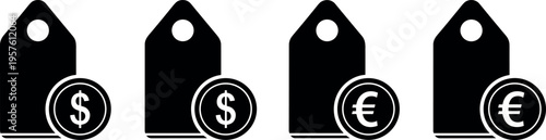 Price, tags, icons, set, with, dollar, euro, currency, symbols, discount, sale, retail, shopping, commerce, finance, vector, illustration, isolated, white, background.