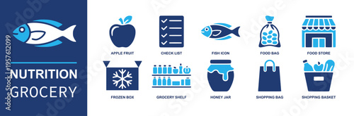 Grocery nutrition icon set. Containing apple fruit, checklist, fish, food bag, food store, frozen box, grocery shelf, honey jar, shopping basket and more. Solid fill vector icons.