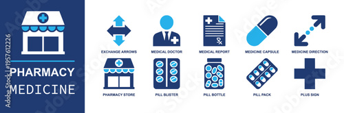 Pharmacy medicine icon set. Containing exchange arrows, doctor, medical report, capsule, pharmacy store, pill blister, pill bottle, pill pack, plus sign and more. Solid fill vector icons.