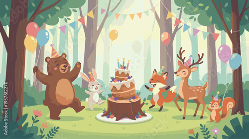 Birthday Party of Happy Woodland Animals Celebrating in a Forest