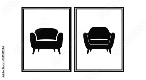 Two framed black silhouettes of mid century modern sofas silhouette