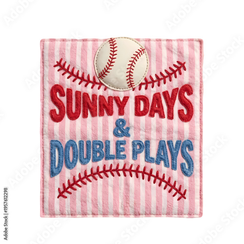 Sports tee design with sunny days double plays typography and patchwork baseball elements vintage aesthetic.