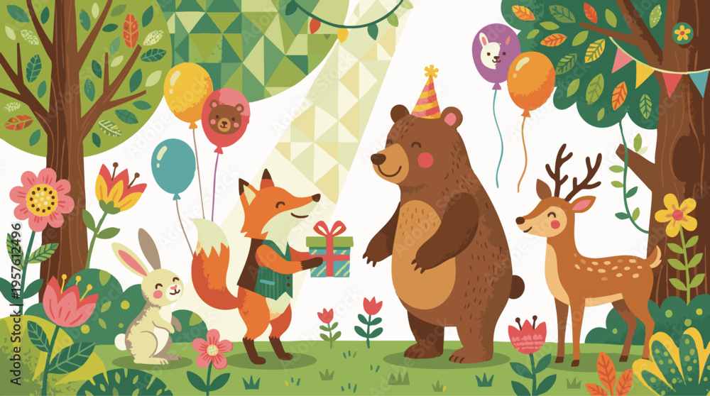 Naklejka premium Animals Celebrate a Whimsical Forest Birthday Party with Gifts