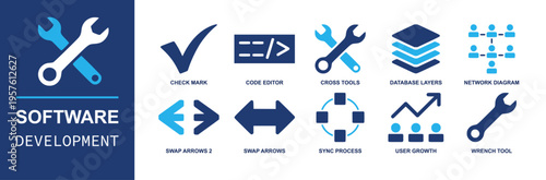 Software tools icon set. Containing check mark, code editor, cross tools, database layers, network map, swap arrows, sync process, user growth, wrench tool and more. Solid fill vector icons.