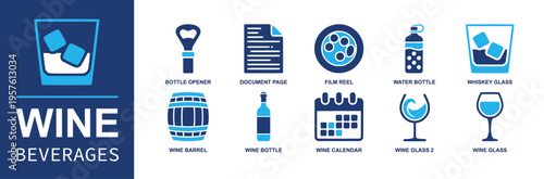 Wine beverages icon set. Containing bottle opener, wine barrel, wine bottle, wine glass, whiskey glass, film reel, water bottle, calendar, document page and more. Solid fill vector icons.