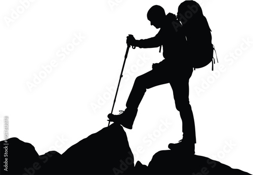 Hiker climbing a mountain with trekking poles