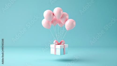 A charming gift box ascends surrounded by pink balloons against a gentle blue backdrop