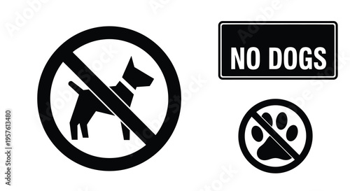 Prohibition signs depicting dogs and paw prints a visual warning silhouette