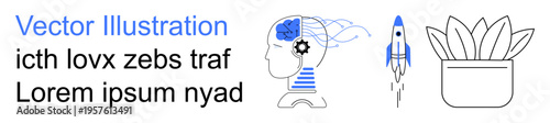 Innovation, technology, startup growth, artificial intelligence, mechanical systems, creativity. Brain with gear, rocket and plant icons. Innovation and technology concepts captured visually