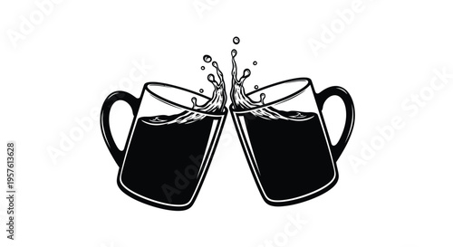 Two beer mugs clinking together in a stylish black silhouette