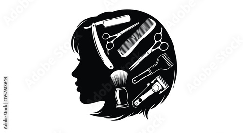 A woman s head filled with barber tools a striking silhouette