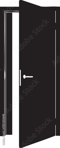 A black door with a silver handle ajar on a white background