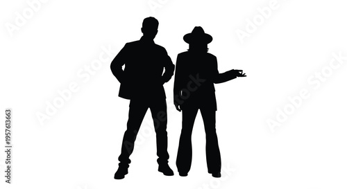 Two figures in formal attire pose against a white background silhouette