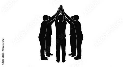 Five people celebrating with a high five black silhouette