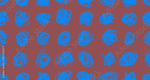 Seamless pattern hand drawn blue messy chaotic scribble lines. Charcoal or pencil sketches decorative, brush freehand doodle scribbles on a brown background art canvas. Scribble circles illustration.
