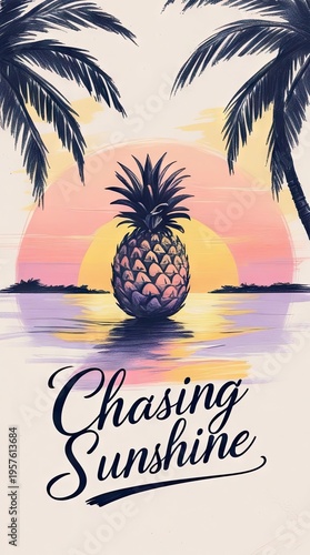 Tropical illustration featuring a pineapple silhouette against a sunset with palm trees and the phrase 