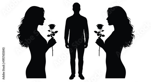 A man stands between two women holding roses striking silhouette