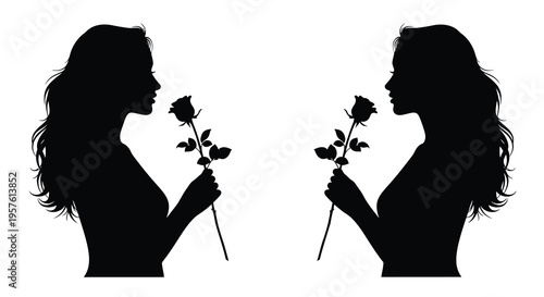 Two women facing each other each holding a rose silhouette