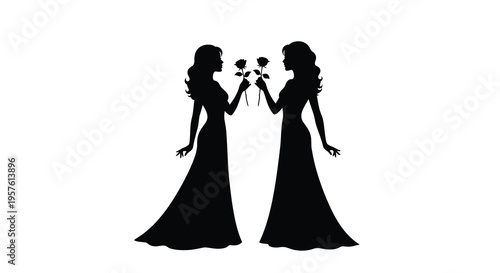 Two elegant women holding roses face each other in a dark silhouette