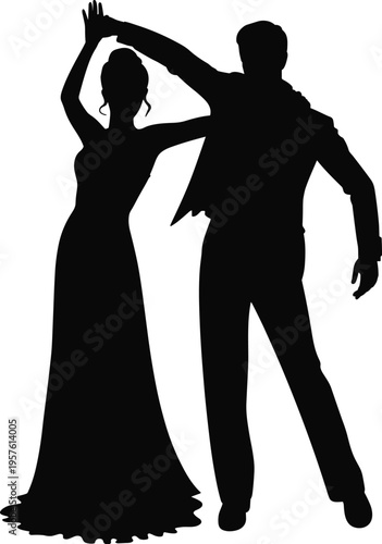 Silhouette of a dancing couple performing ballroom dance, expressing elegance, romance, partnership, movement, and artistic performance in a graceful social dance and entertainment concept