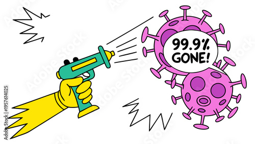 Yellow Hand Spraying Disinfectant Killing Virus 99.9 Percent Gone Vector