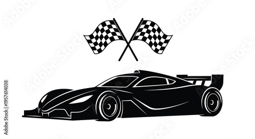 Racing car with checkered flags a striking black silhouette