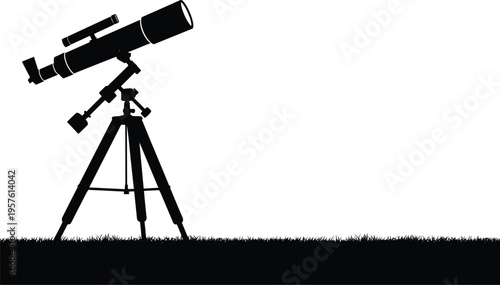 Silhouette of a telescope on tripod under night sky, representing astronomy observation, space exploration, stargazing activity, scientific research, and discovery concept in a minimal landscape scene