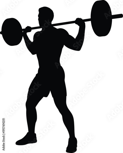 Silhouette of a muscular man lifting a barbell, showcasing strength training, bodybuilding, fitness workout, gym activity, powerlifting exercise, and healthy active lifestyle concept