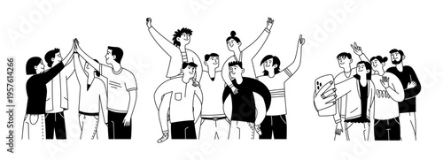 Vector illustration of happy people, friends, men and women. Team, selfie, game. Friendship concept. Diversity of people, isolated