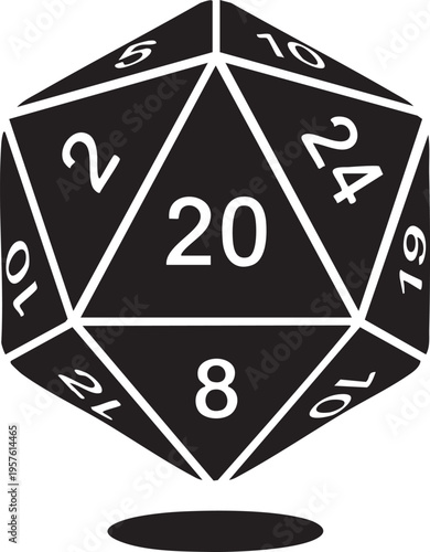 Black icosahedral twenty sided die with white numbers
