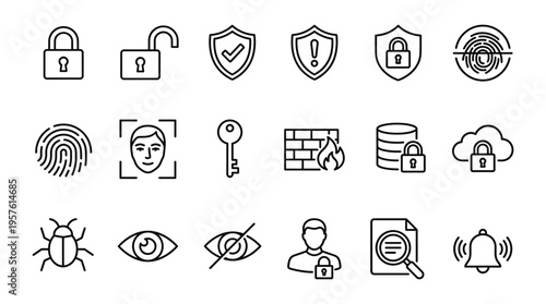 Set of 20 Black Line Art Cybersecurity and Data Protection Icons Vector