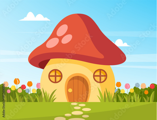Fairytale mushroom house cartoon landscape. Vector stock