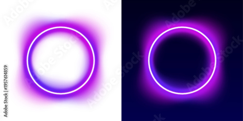 Bright circular neon ring glows with vibrant blue gradient light, creating a clean futuristic effect. Subtle reflections add depth and dimension. Ideal for modern posters and digital artwork.