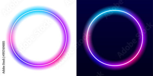 Glowing neon circular frame shines with a soft gradient halo against a deep dark background. Smooth edges reflect light beautifully. A modern abstract design perfect for banners and digital layouts.