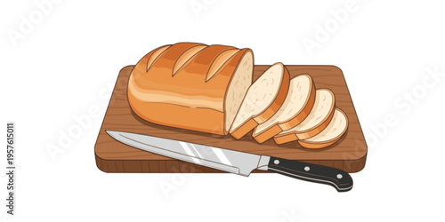 Sliced bread loaf on wooden cutting board, knife. Fresh bakery. Breakfast food preparation process. Cooking, preparing snack, eating. Flat vector illustration isolated on white background